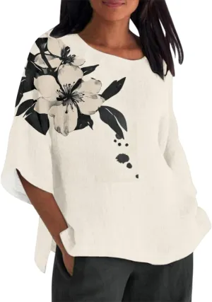 Women's Boho Tunic Tops Vintage Floral 3/4 Sleeve T Shirts Linen Blouses Tunics Cotton Summer Graphic Tees