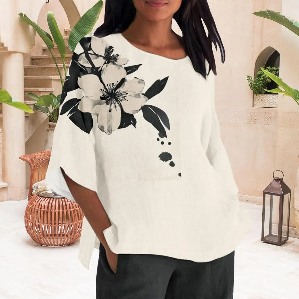 Women's Boho Tunic Tops Vintage Floral 3/4 Sleeve T Shirts Linen Blouses Tunics Cotton Summer Graphic Tees