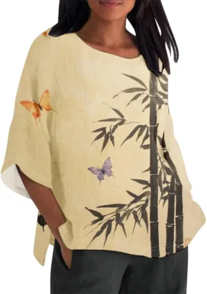 Women's Boho Tunic Tops Vintage Floral 3/4 Sleeve T Shirts Linen Blouses Tunics Cotton Summer Graphic Tees