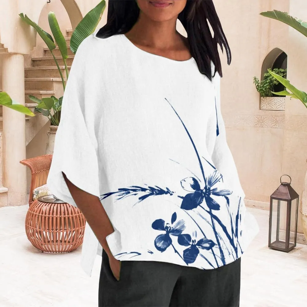 Women's Boho Tunic Tops Vintage Floral 3/4 Sleeve T Shirts Linen Blouses Tunics Cotton Summer Graphic Tees