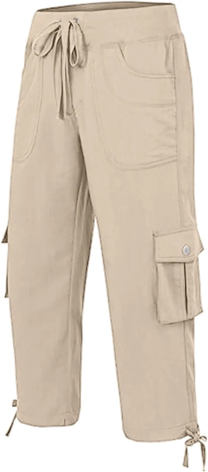 Womens Cargo Pants Casual Y2K Capris Drawstring Waist Travel Gym Hiking Pants Baggy Trendy Multiple Pockets Trousers