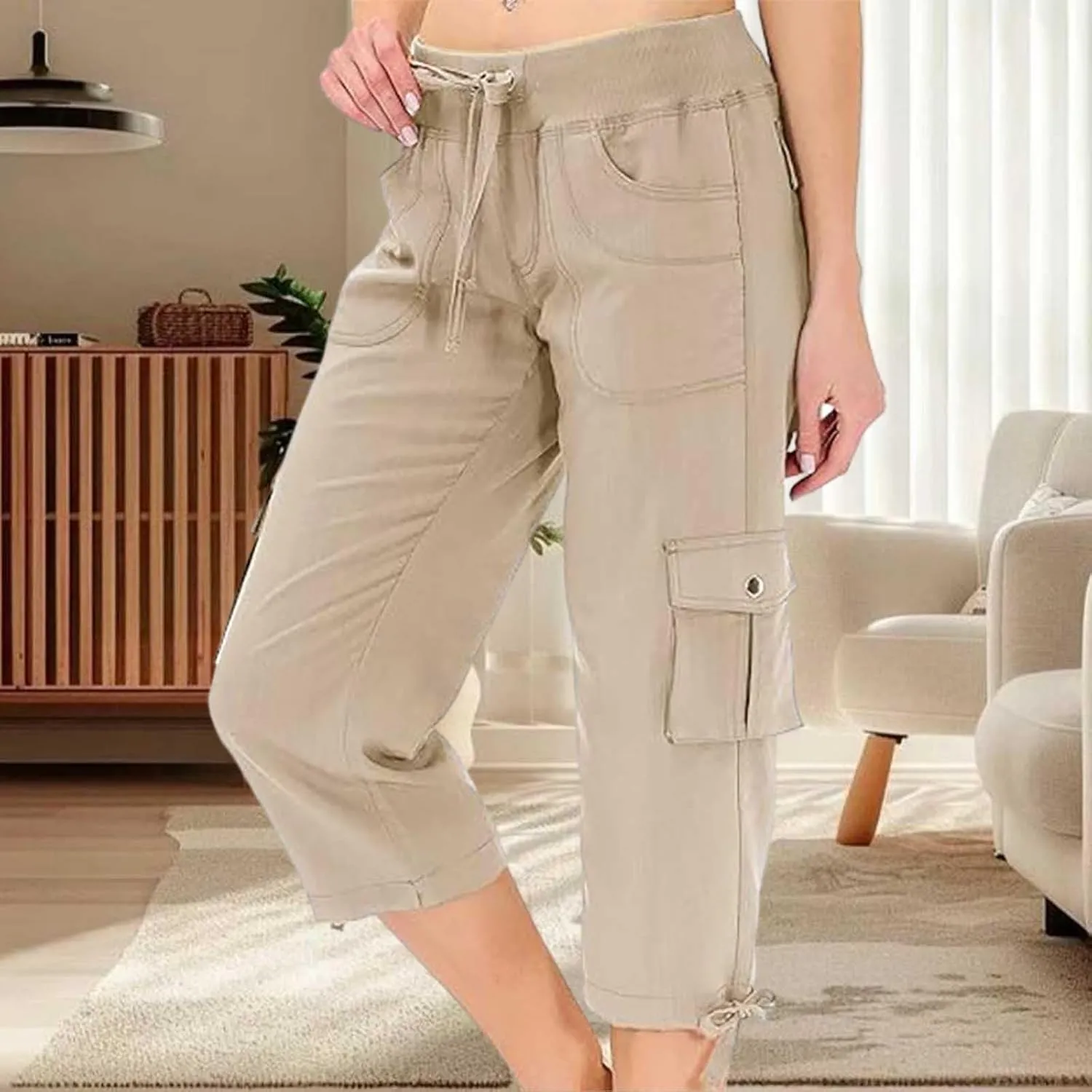 Womens Cargo Pants Casual Y2K Capris Drawstring Waist Travel Gym Hiking Pants Baggy Trendy Multiple Pockets Trousers