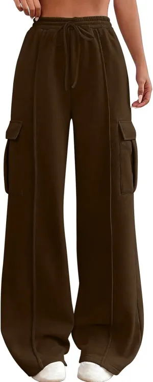 Womens Cargo Sweatpants with Pockets Wide Leg Baggy High Waisted Sweats Pants Drawstring Waist Athletic Trousers