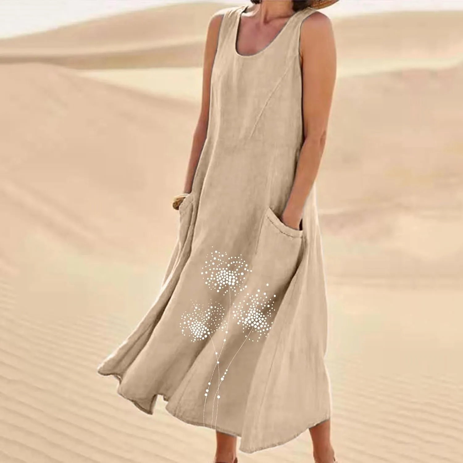 Women's Casual Cotton Linen Plus Size Dresses Summer Boho Floral Print Loose Midi Dresses Sleeveless Flowy Tank Dress