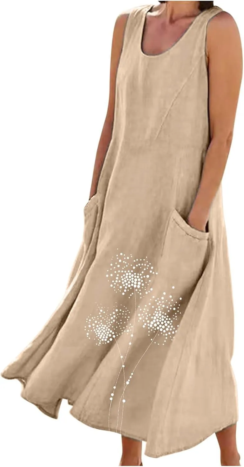 Women's Casual Cotton Linen Plus Size Dresses Summer Boho Floral Print Loose Midi Dresses Sleeveless Flowy Tank Dress