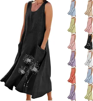 Women's Casual Cotton Linen Plus Size Dresses Summer Boho Floral Print Loose Midi Dresses Sleeveless Flowy Tank Dress