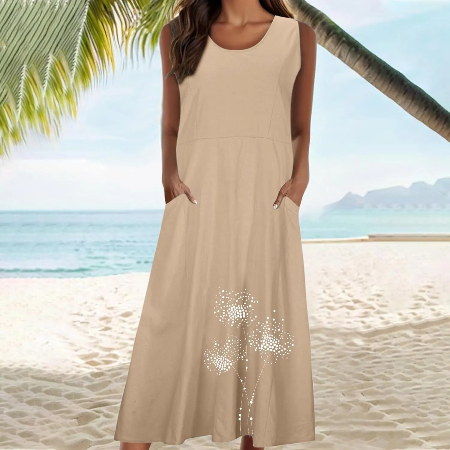 Women's Casual Cotton Linen Plus Size Dresses Summer Boho Floral Print Loose Midi Dresses Sleeveless Flowy Tank Dress