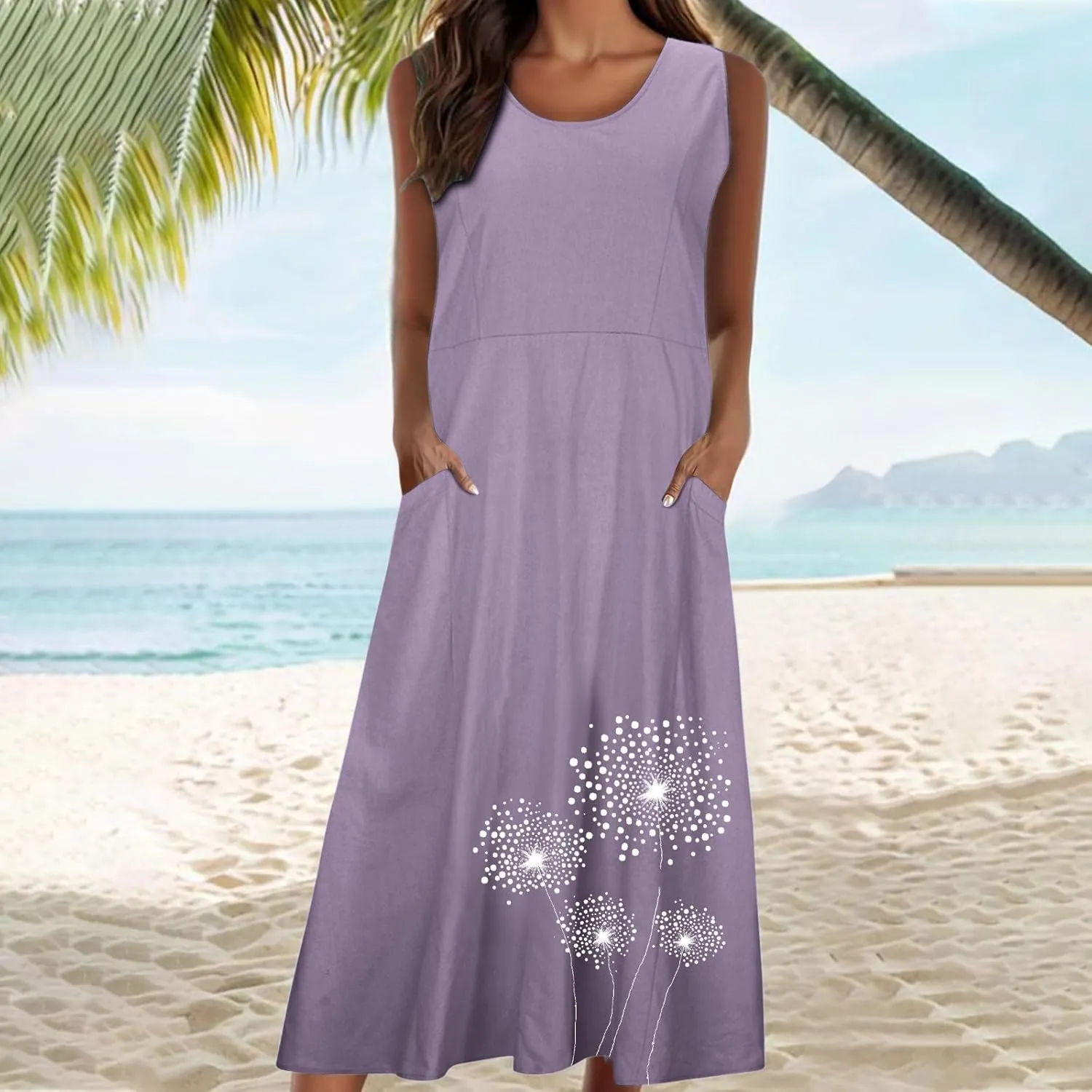 Women's Casual Cotton Linen Plus Size Dresses Summer Boho Floral Print Loose Midi Dresses Sleeveless Flowy Tank Dress