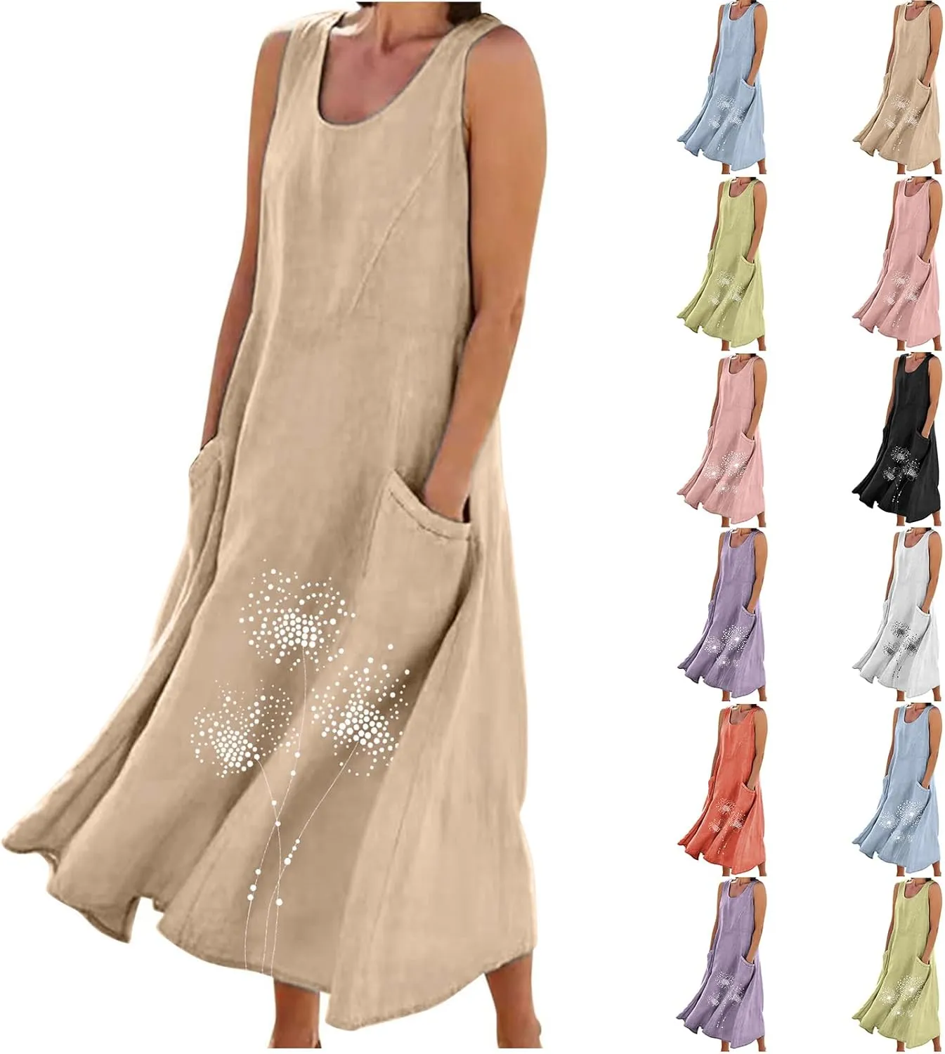 Women's Casual Cotton Linen Plus Size Dresses Summer Boho Floral Print Loose Midi Dresses Sleeveless Flowy Tank Dress