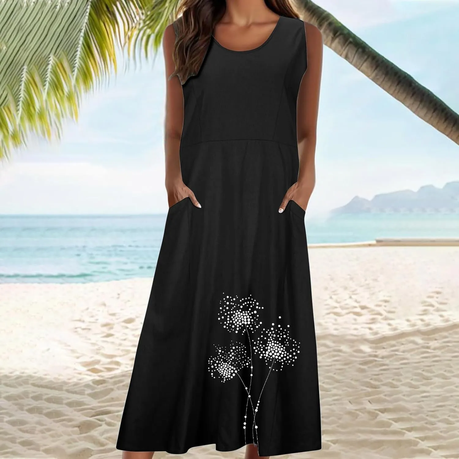 Women's Casual Cotton Linen Plus Size Dresses Summer Boho Floral Print Loose Midi Dresses Sleeveless Flowy Tank Dress