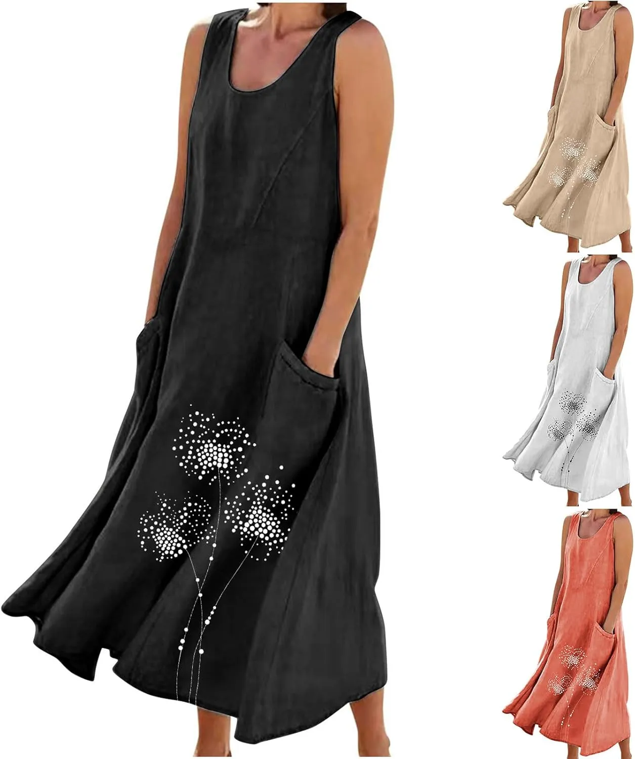 Women's Casual Cotton Linen Plus Size Dresses Summer Boho Floral Print Loose Midi Dresses Sleeveless Flowy Tank Dress