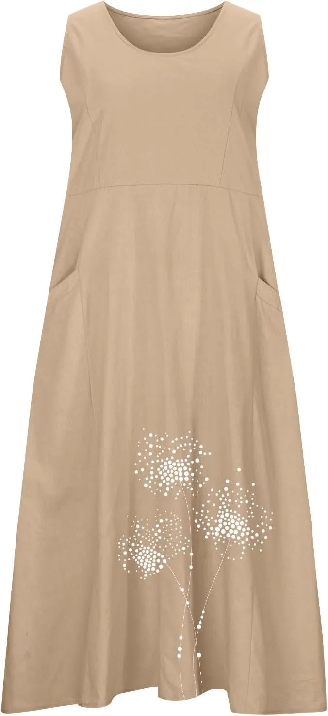 Women's Casual Cotton Linen Plus Size Dresses Summer Boho Floral Print Loose Midi Dresses Sleeveless Flowy Tank Dress