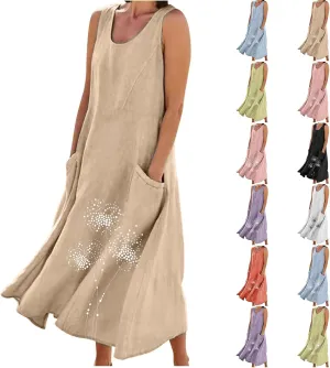 Women's Casual Cotton Linen Plus Size Dresses Summer Boho Floral Print Loose Midi Dresses Sleeveless Flowy Tank Dress