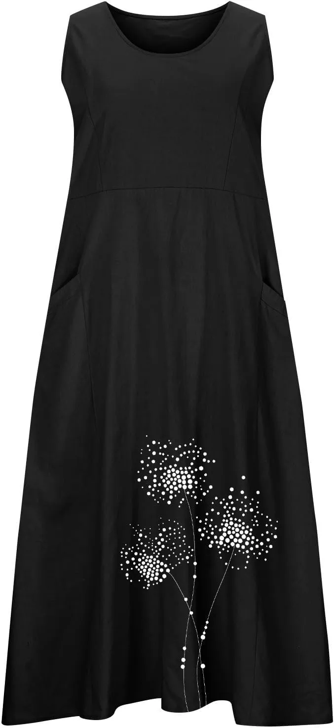 Women's Casual Cotton Linen Plus Size Dresses Summer Boho Floral Print Loose Midi Dresses Sleeveless Flowy Tank Dress