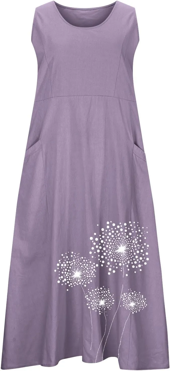 Women's Casual Cotton Linen Plus Size Dresses Summer Boho Floral Print Loose Midi Dresses Sleeveless Flowy Tank Dress
