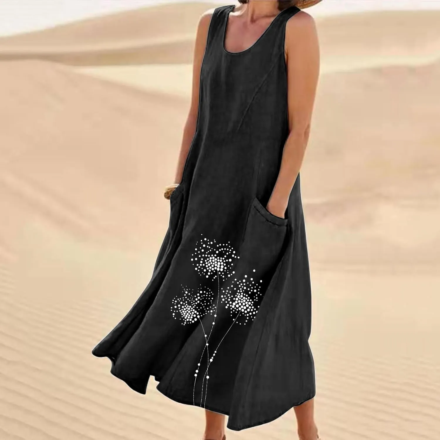 Women's Casual Cotton Linen Plus Size Dresses Summer Boho Floral Print Loose Midi Dresses Sleeveless Flowy Tank Dress