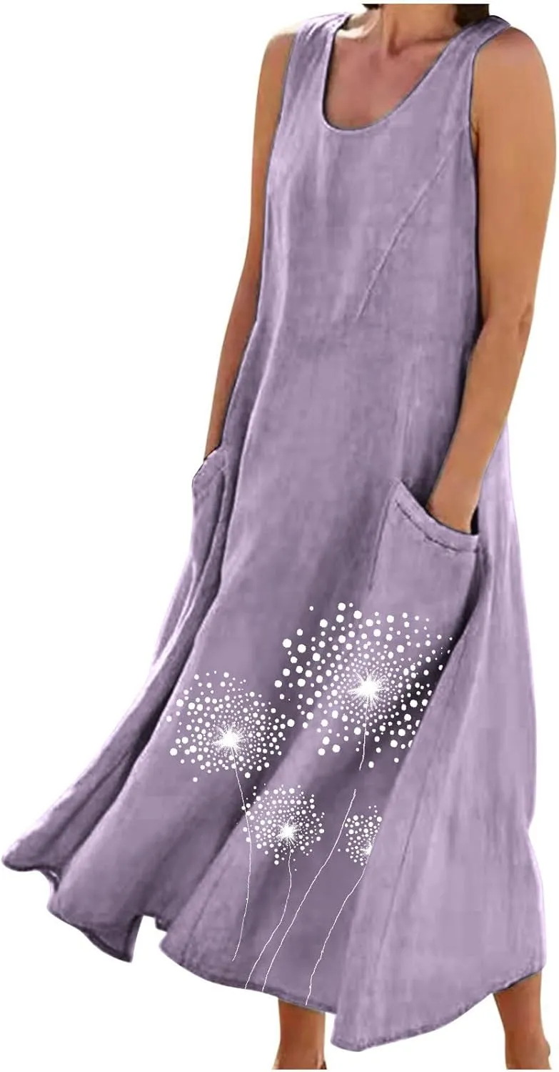 Women's Casual Cotton Linen Plus Size Dresses Summer Boho Floral Print Loose Midi Dresses Sleeveless Flowy Tank Dress