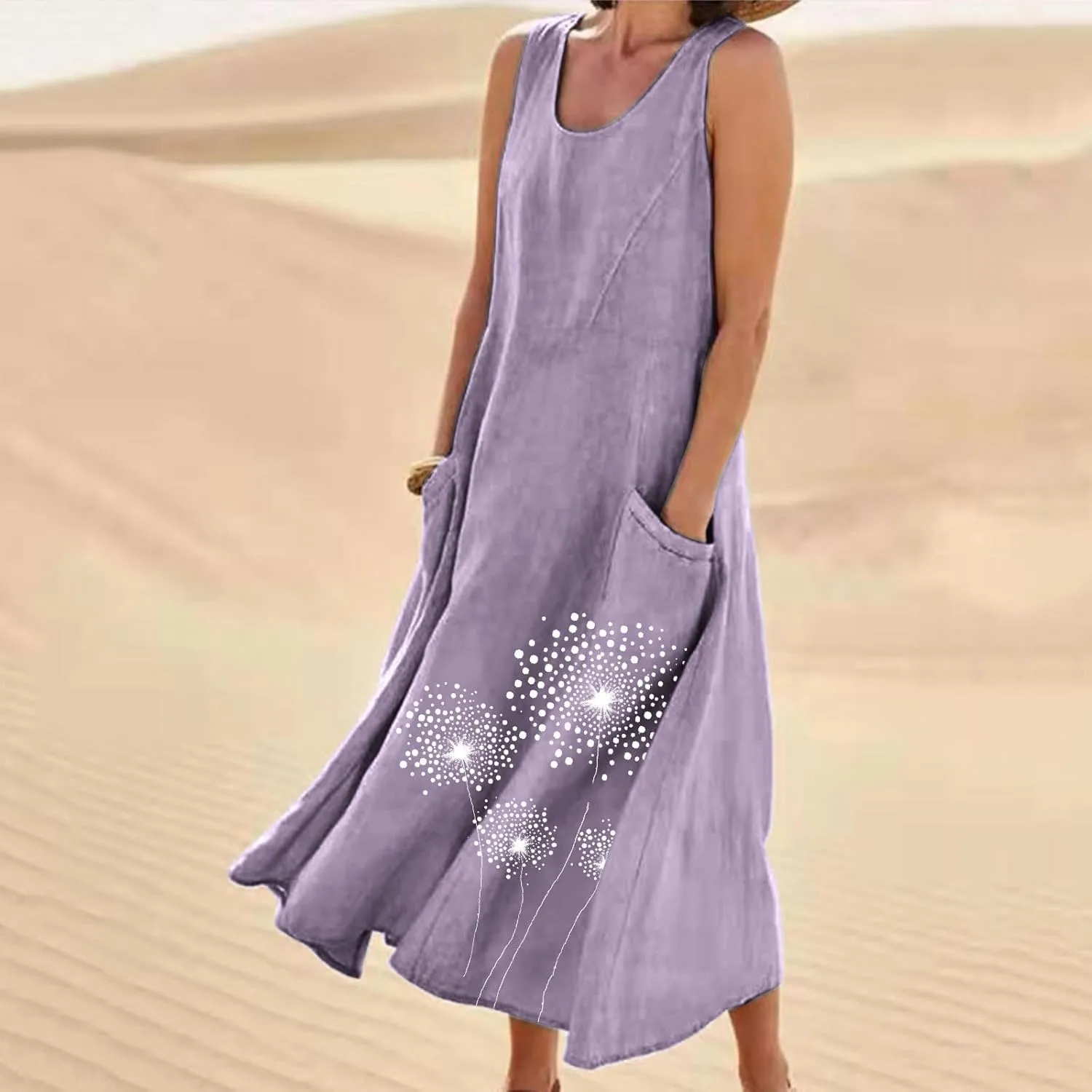 Women's Casual Cotton Linen Plus Size Dresses Summer Boho Floral Print Loose Midi Dresses Sleeveless Flowy Tank Dress