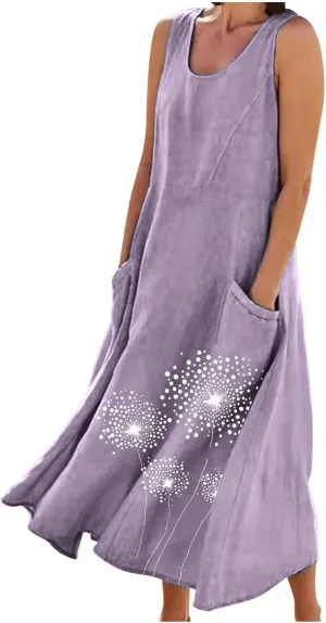 Women's Casual Cotton Linen Plus Size Dresses Summer Boho Floral Print Loose Midi Dresses Sleeveless Flowy Tank Dress