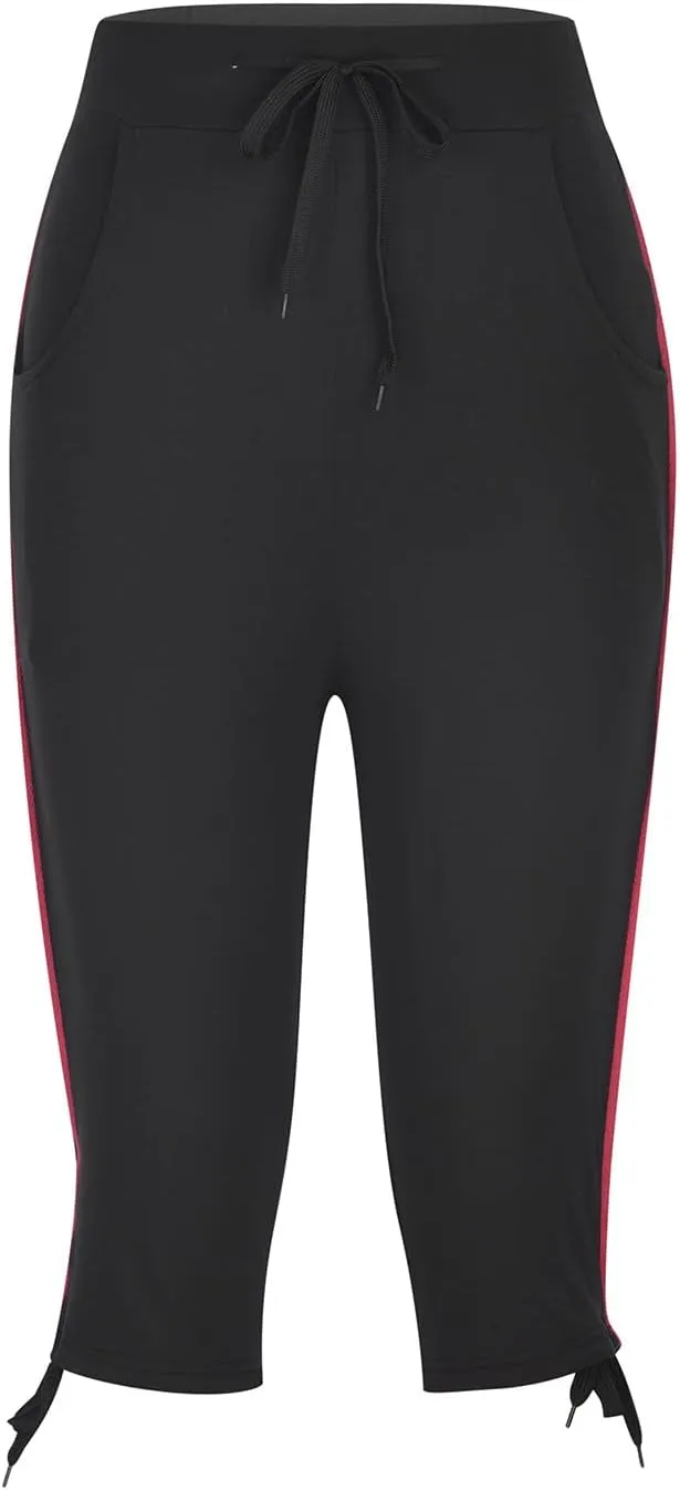 Womens Casual Drawstring Capri Pants Jogger Running Pants Lounge Loose Fit High Waist Sweatpants with Side Pockets