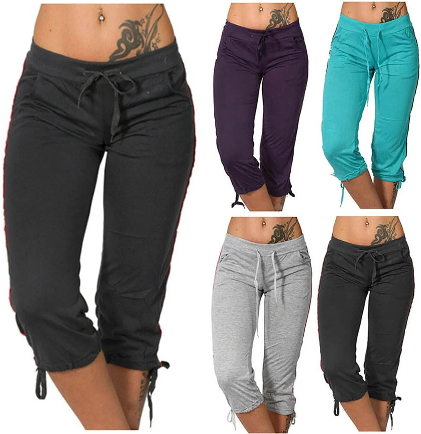 Womens Casual Drawstring Capri Pants Jogger Running Pants Lounge Loose Fit High Waist Sweatpants with Side Pockets