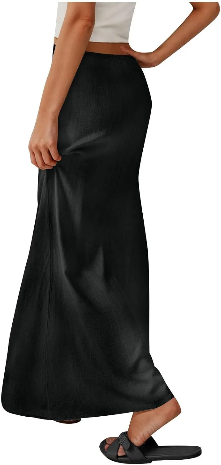 Womens Casual Maxi Skirts 2025 Summer Trendy Long Skirt Drawstring Waist Beach Vacation Soft Comfy Solid Work Clothes