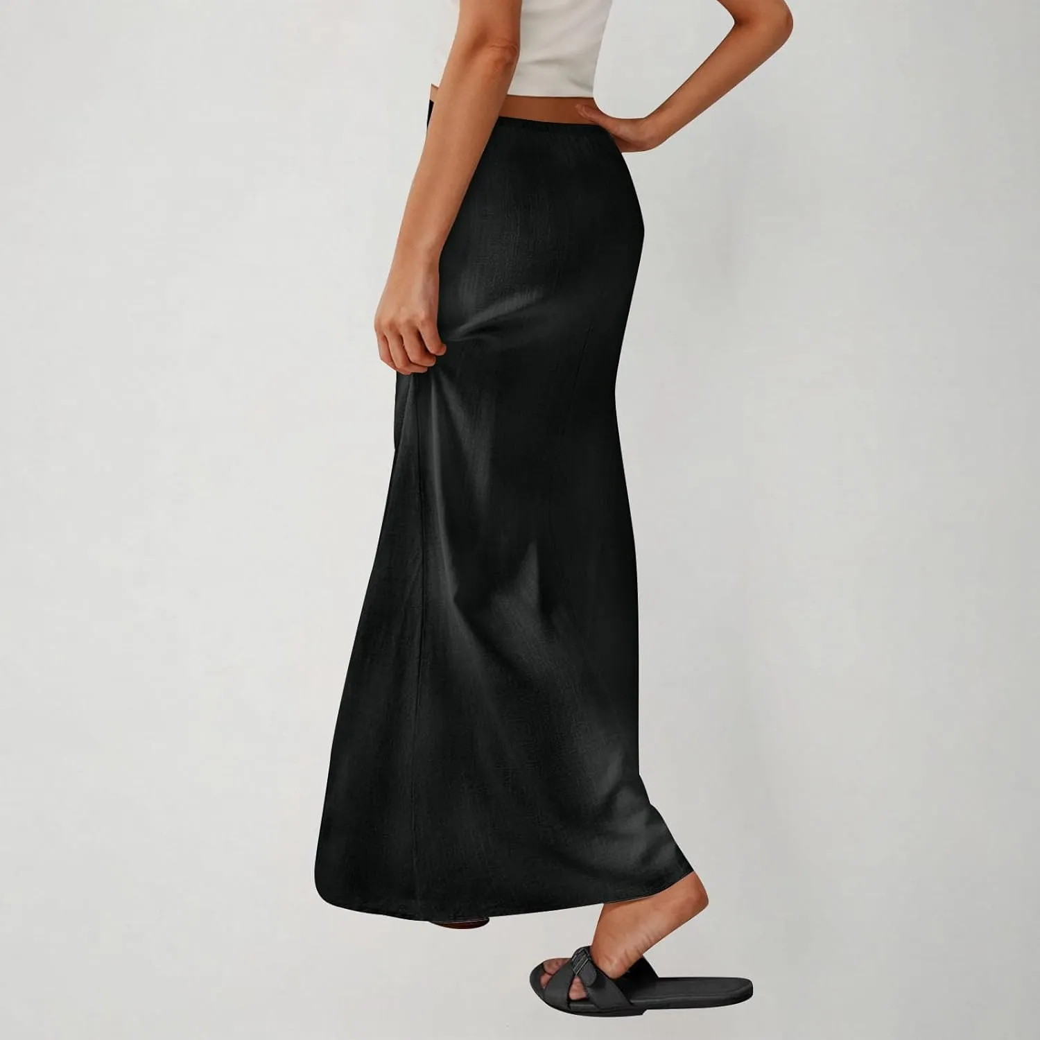 Womens Casual Maxi Skirts 2025 Summer Trendy Long Skirt Drawstring Waist Beach Vacation Soft Comfy Solid Work Clothes