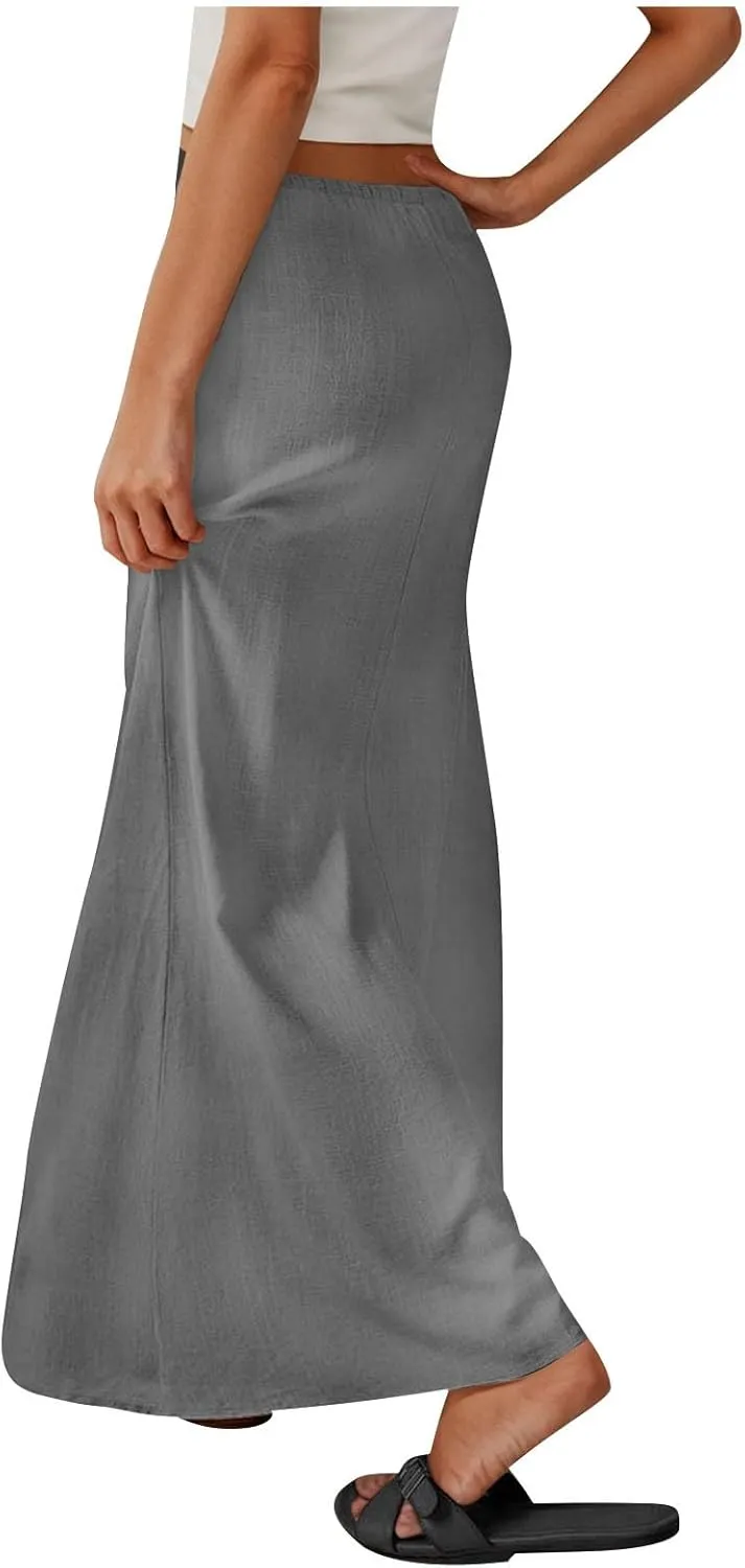Womens Casual Maxi Skirts 2025 Summer Trendy Long Skirt Drawstring Waist Beach Vacation Soft Comfy Solid Work Clothes