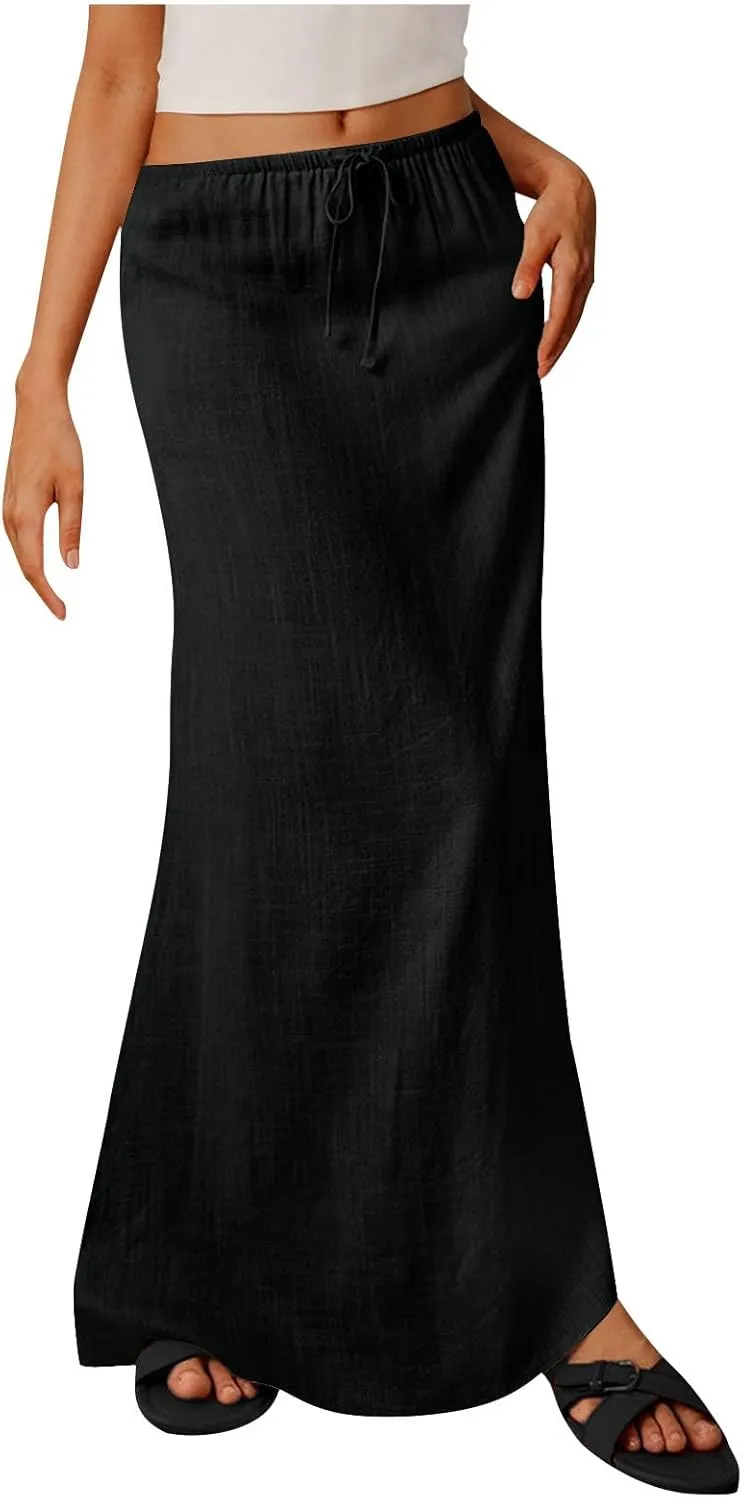 Womens Casual Maxi Skirts 2025 Summer Trendy Long Skirt Drawstring Waist Beach Vacation Soft Comfy Solid Work Clothes