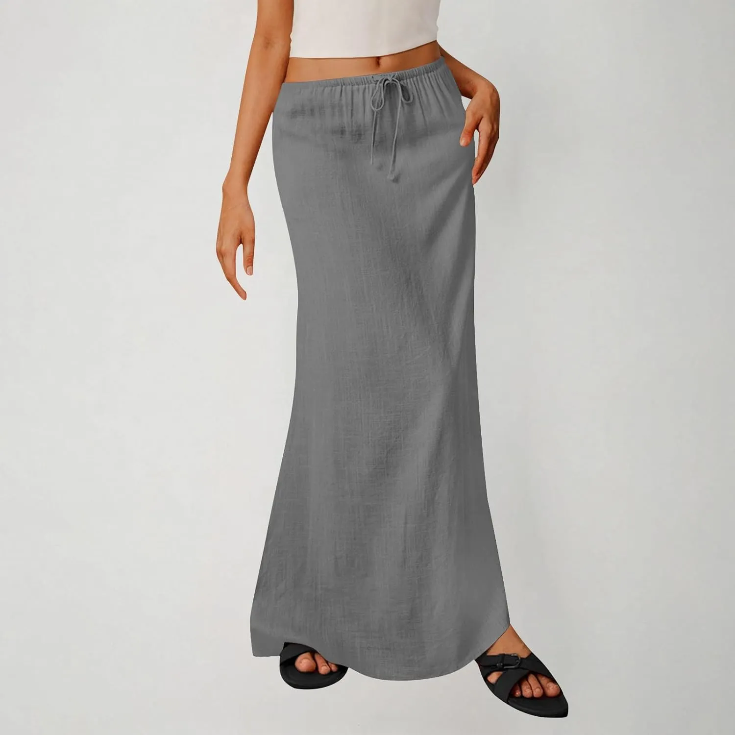 Womens Casual Maxi Skirts 2025 Summer Trendy Long Skirt Drawstring Waist Beach Vacation Soft Comfy Solid Work Clothes