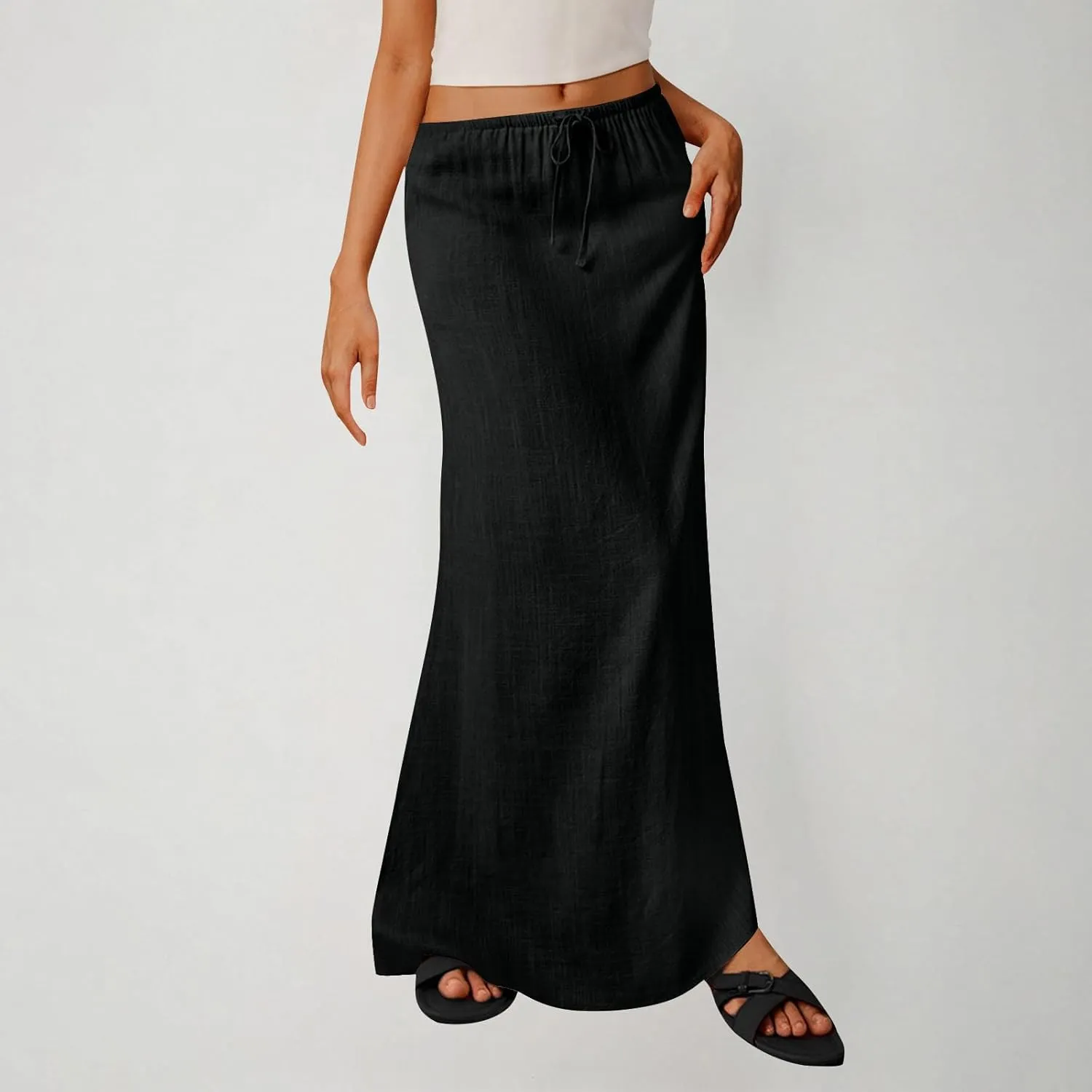 Womens Casual Maxi Skirts 2025 Summer Trendy Long Skirt Drawstring Waist Beach Vacation Soft Comfy Solid Work Clothes