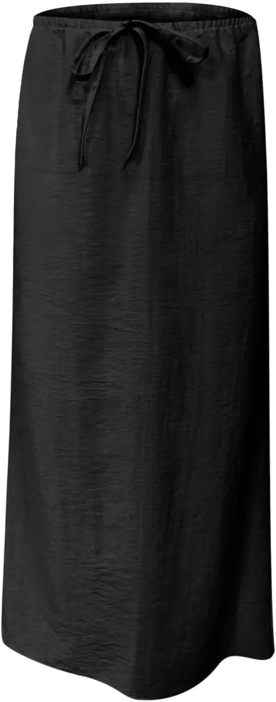 Womens Casual Maxi Skirts 2025 Summer Trendy Long Skirt Drawstring Waist Beach Vacation Soft Comfy Solid Work Clothes