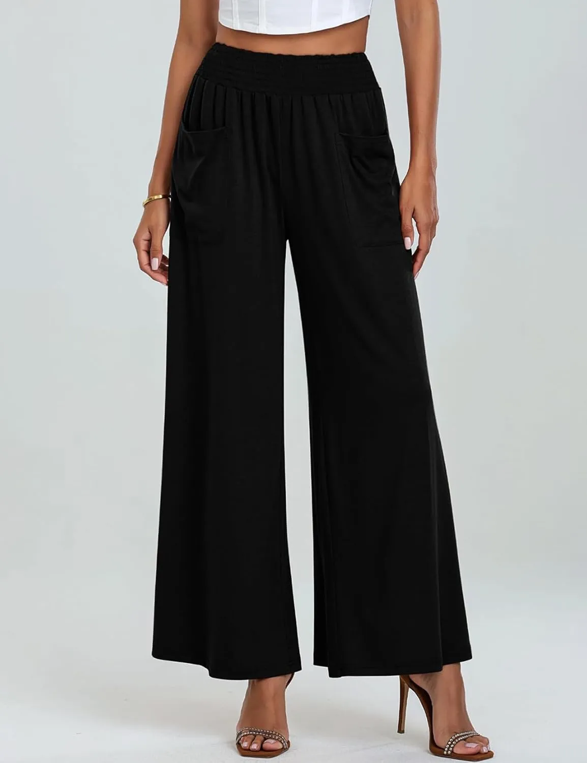 Women's Casual Pants Palazzo Lounge Pants Loose High Waist Boho Wide Leg Trousers Baggy Slacks with Pocket