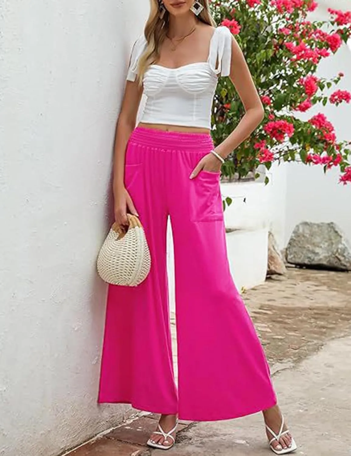 Women's Casual Pants Palazzo Lounge Pants Loose High Waist Boho Wide Leg Trousers Baggy Slacks with Pocket