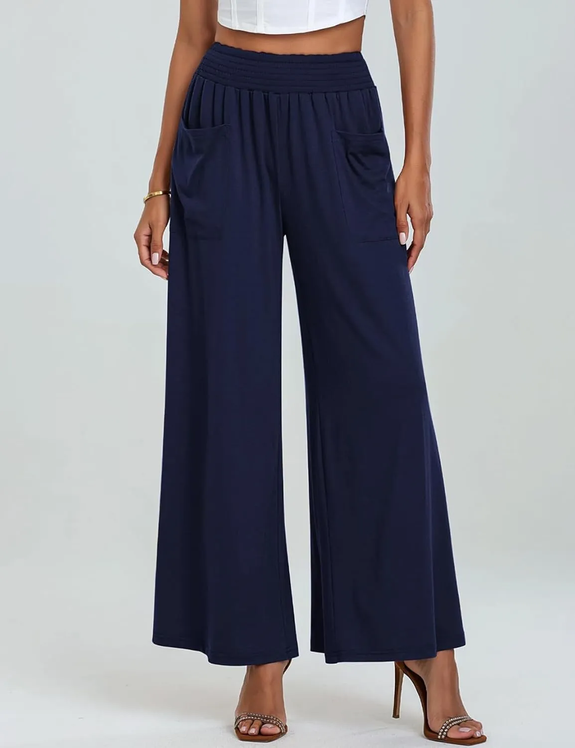 Women's Casual Pants Palazzo Lounge Pants Loose High Waist Boho Wide Leg Trousers Baggy Slacks with Pocket