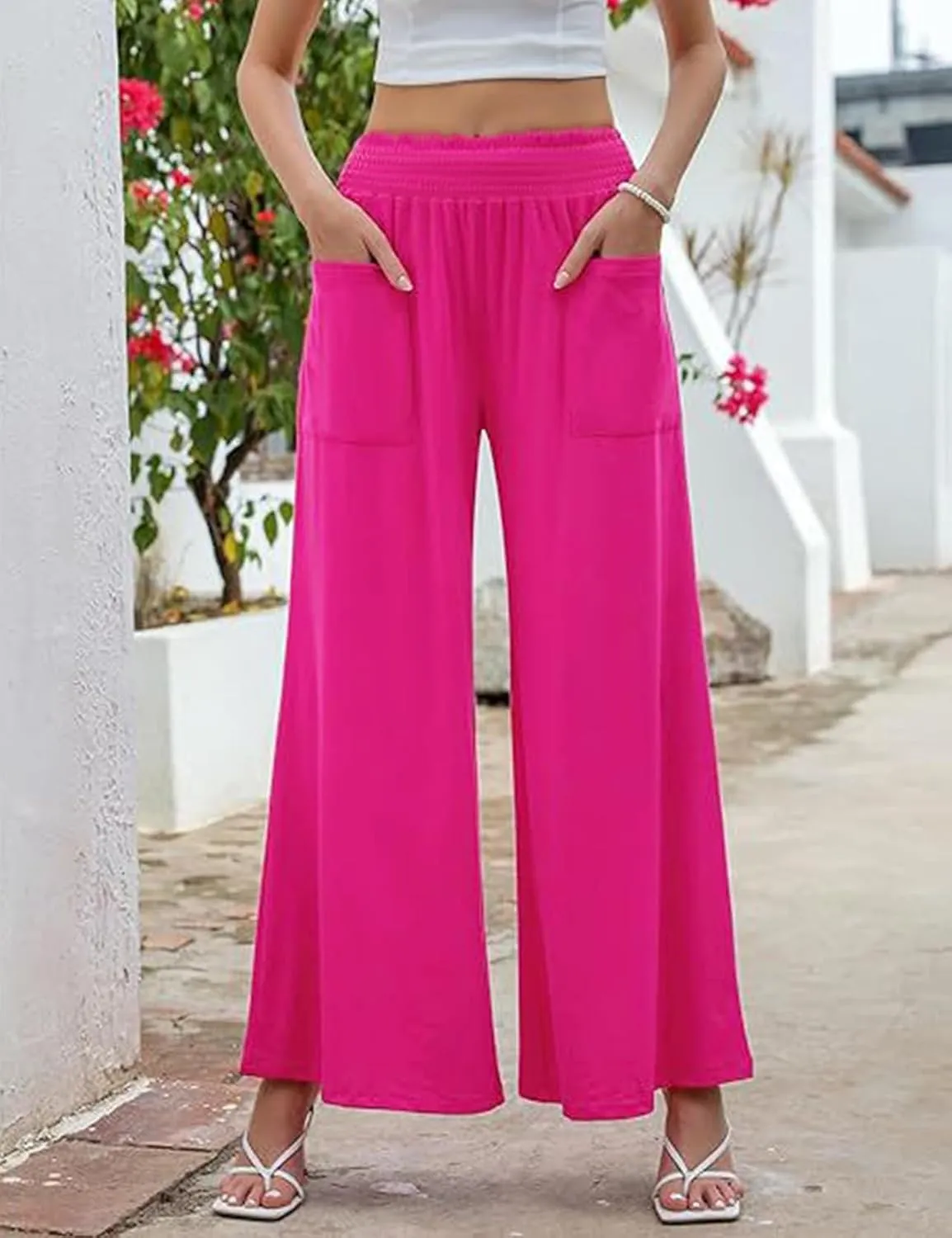 Women's Casual Pants Palazzo Lounge Pants Loose High Waist Boho Wide Leg Trousers Baggy Slacks with Pocket