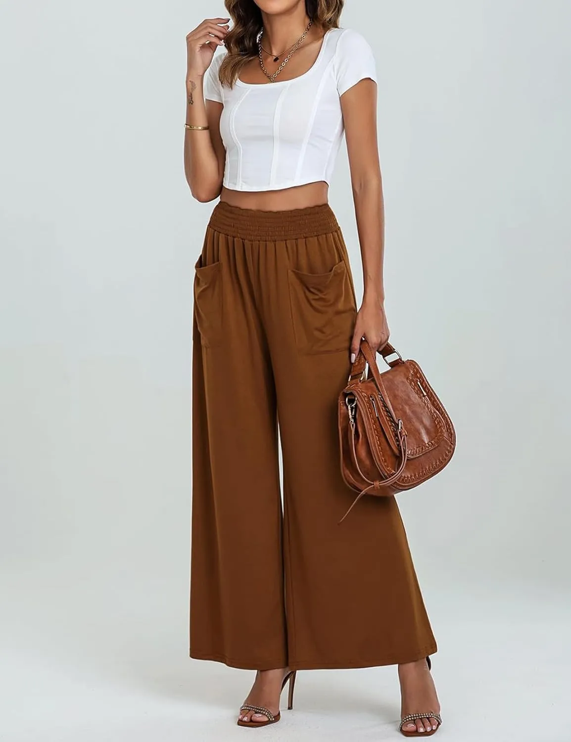 Women's Casual Pants Palazzo Lounge Pants Loose High Waist Boho Wide Leg Trousers Baggy Slacks with Pocket