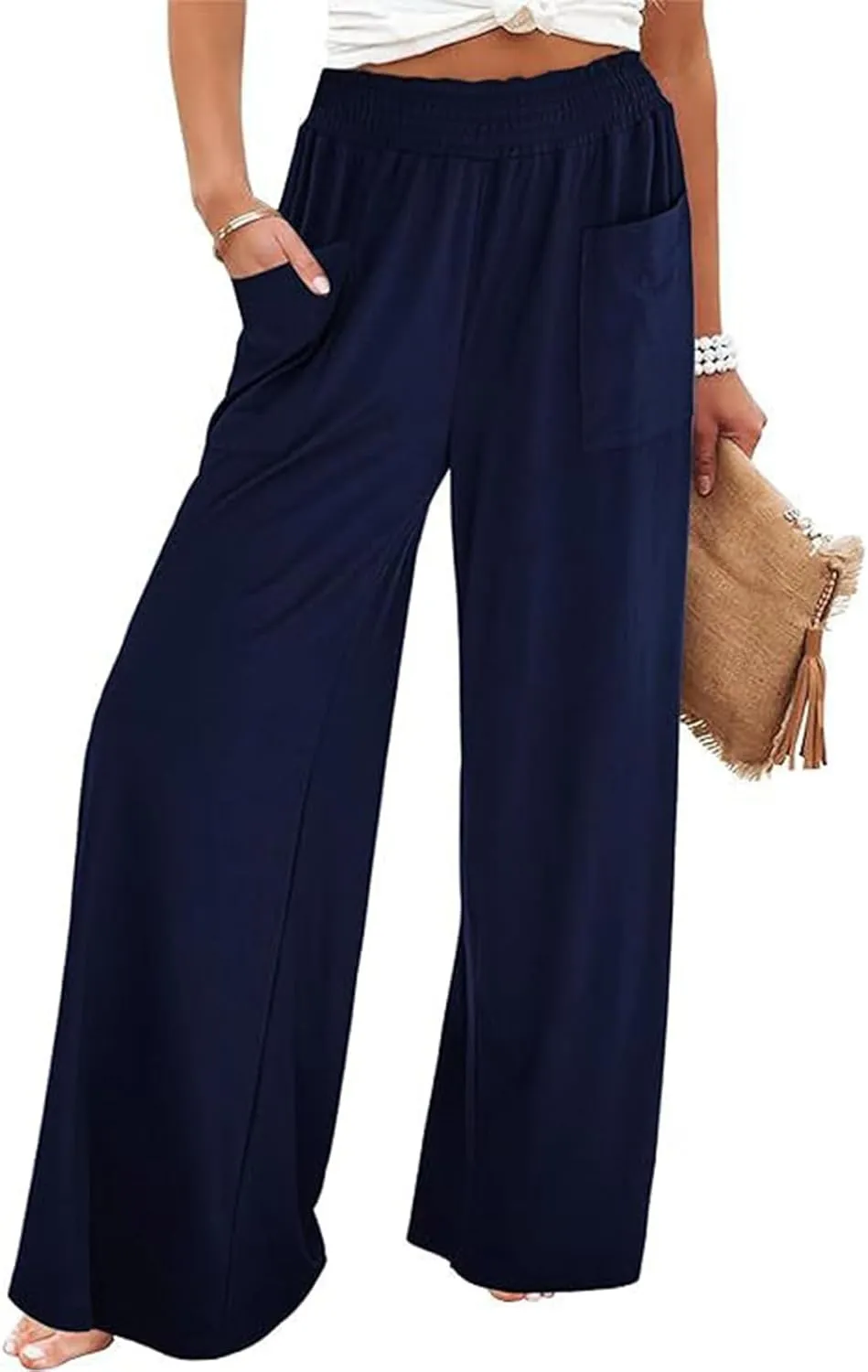 Women's Casual Pants Palazzo Lounge Pants Loose High Waist Boho Wide Leg Trousers Baggy Slacks with Pocket