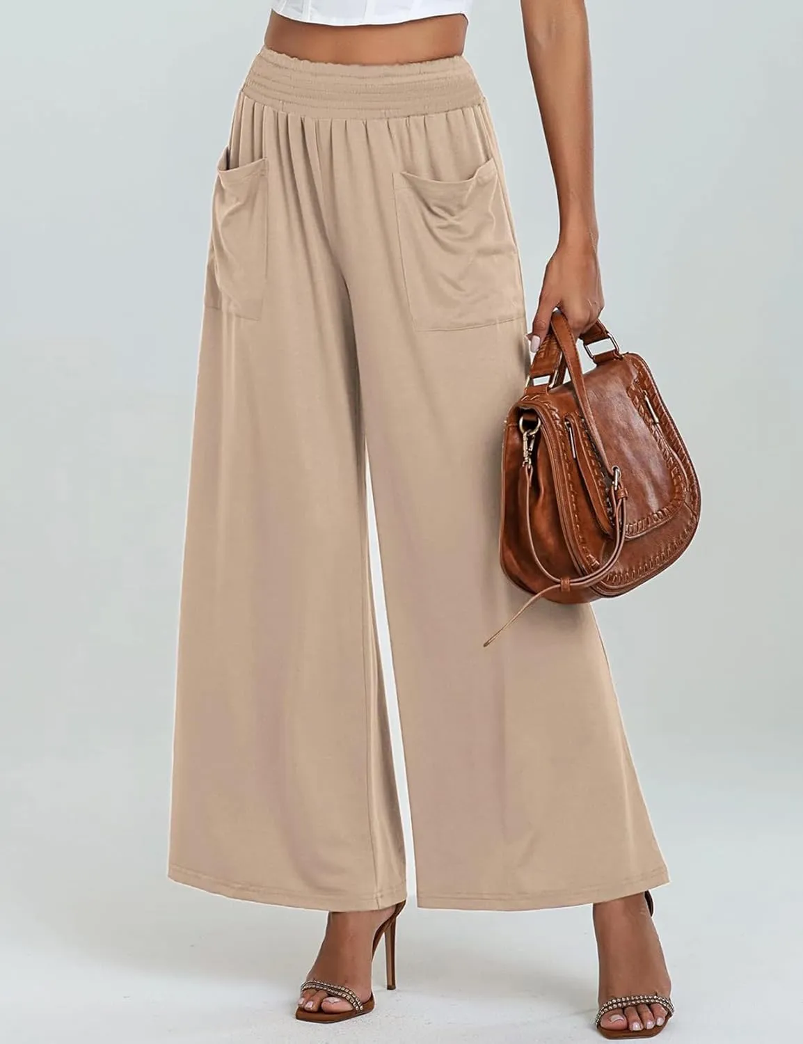Women's Casual Pants Palazzo Lounge Pants Loose High Waist Boho Wide Leg Trousers Baggy Slacks with Pocket