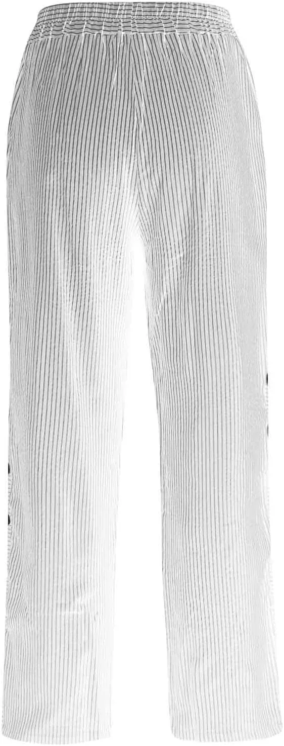 Women's Casual Pants Striped Side Button Elastic Waist Trendy Pants Straight Leg Baggy Trousers with Pocket