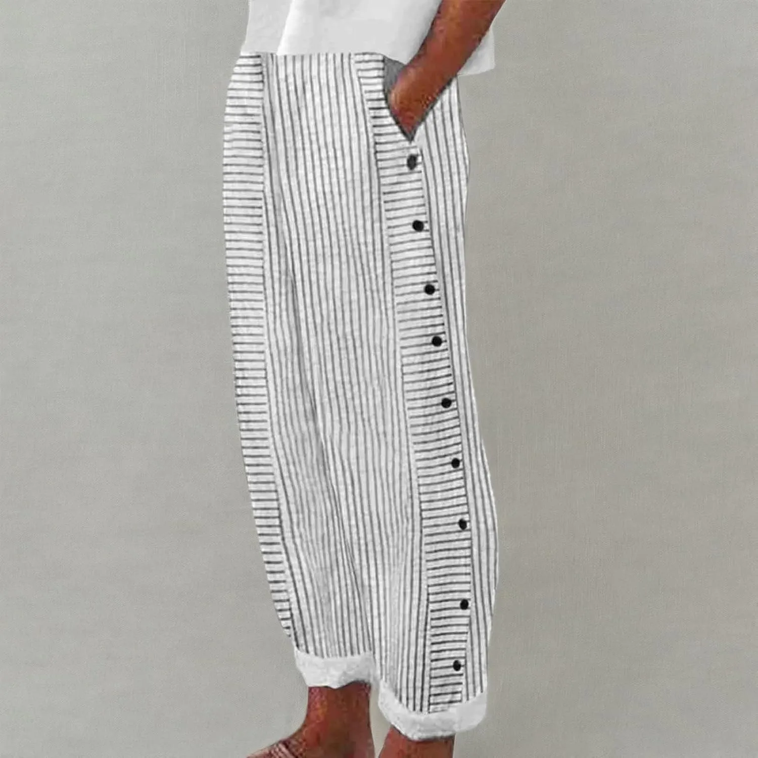 Women's Casual Pants Striped Side Button Elastic Waist Trendy Pants Straight Leg Baggy Trousers with Pocket