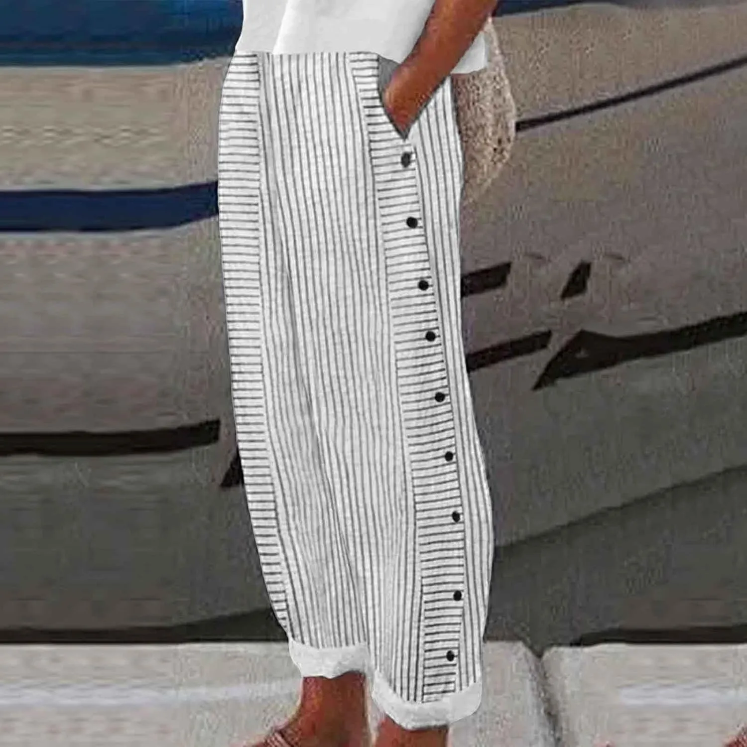 Women's Casual Pants Striped Side Button Elastic Waist Trendy Pants Straight Leg Baggy Trousers with Pocket
