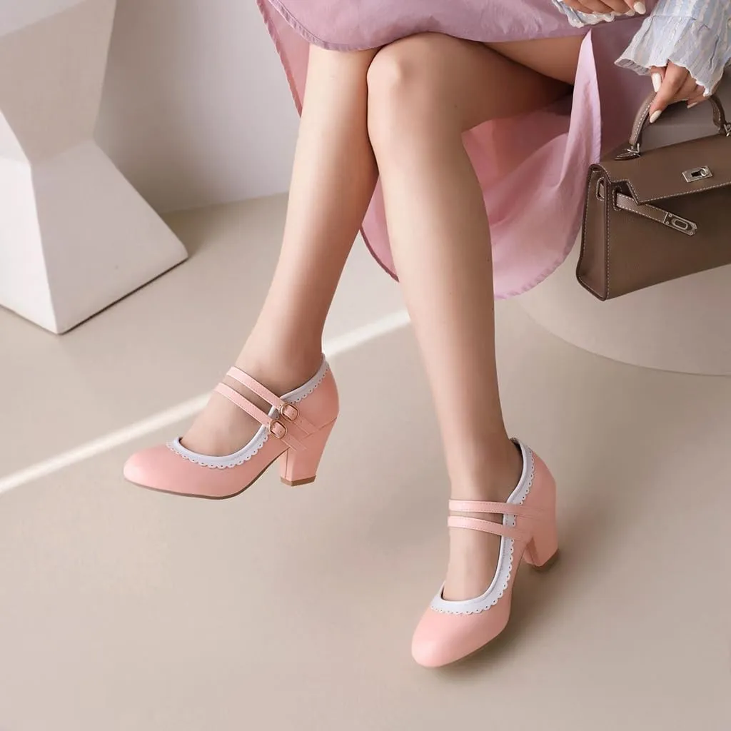 Women's Chunky Block High Heels Mary Jane Pumps Shoes Round Toe Two Toned Wedding Party Dress Shoes