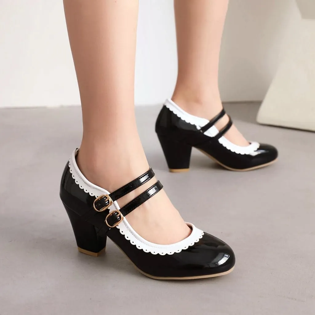 Women's Chunky Block High Heels Mary Jane Pumps Shoes Round Toe Two Toned Wedding Party Dress Shoes