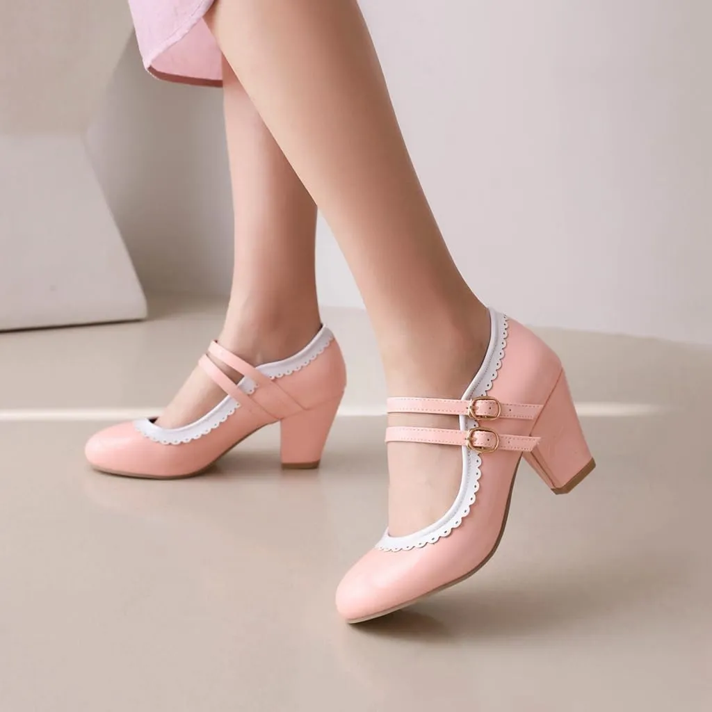 Women's Chunky Block High Heels Mary Jane Pumps Shoes Round Toe Two Toned Wedding Party Dress Shoes