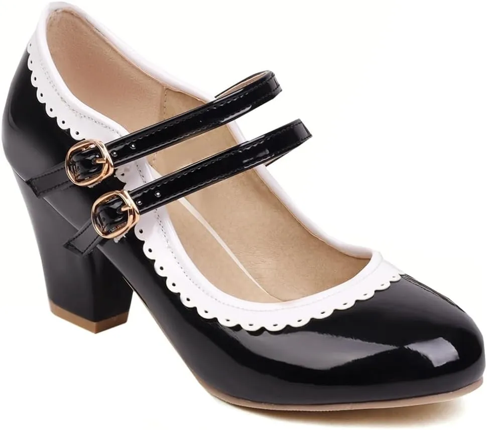 Women's Chunky Block High Heels Mary Jane Pumps Shoes Round Toe Two Toned Wedding Party Dress Shoes