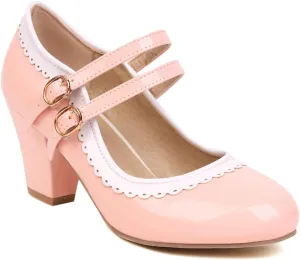 Women's Chunky Block High Heels Mary Jane Pumps Shoes Round Toe Two Toned Wedding Party Dress Shoes