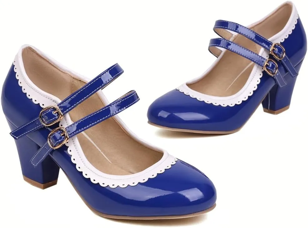 Women's Chunky Block High Heels Mary Jane Pumps Shoes Round Toe Two Toned Wedding Party Dress Shoes