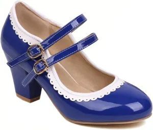 Women's Chunky Block High Heels Mary Jane Pumps Shoes Round Toe Two Toned Wedding Party Dress Shoes
