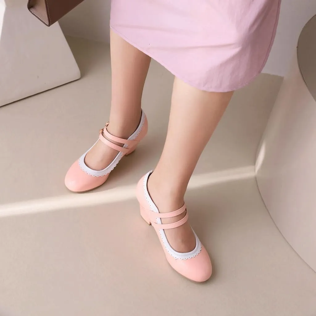Women's Chunky Block High Heels Mary Jane Pumps Shoes Round Toe Two Toned Wedding Party Dress Shoes